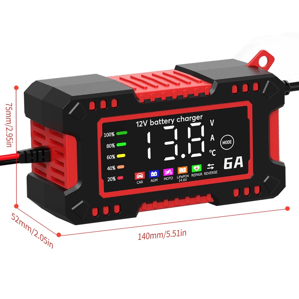 12V 6A Car Battery Charger 14.6V 6A Digital Display Electric Moto Charger For LiFePO4 Lead Acid AGM Smart Battery Repair EU Plug