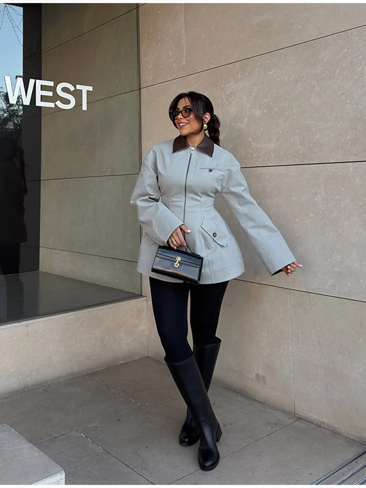 2026 Neue Elegante Kontrast-Kragen-Jacke mit Taillenschnürung für Damen, Schicke Langarm-Reißverschluss-Jacke, Schlanke Passform, Tägliche Streetwear für Dates – Detail 11