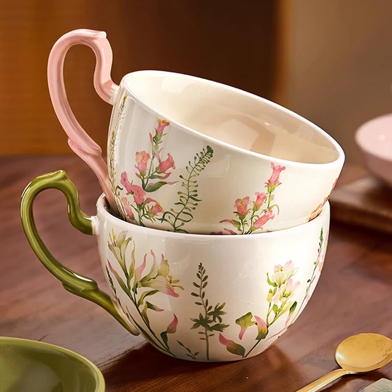 Chinese Style Ceramic Gift Cute Mug, Home Personal Office Creative Hand Drawn Flower Patterns, Milk Water Coffee Cup, 460ml, 1Pc