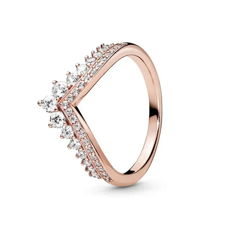 925 Sterling Silver Rose Gold Shiny Crown Round Heart-shaped Ring