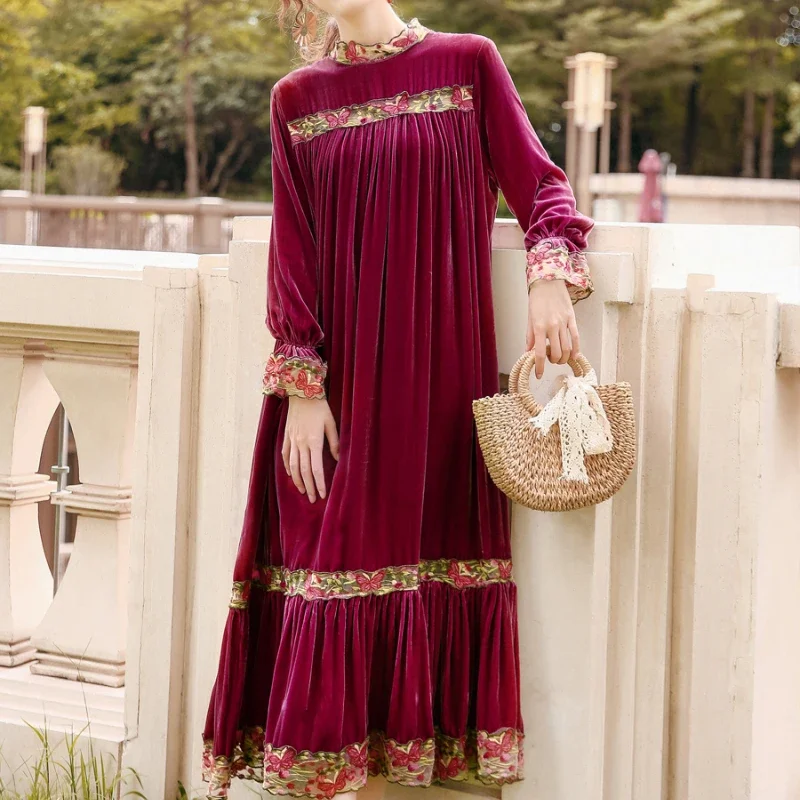 

Женское длинное платье из шелка тутового шелкопряда, свободное облегающее платье-трапеция из 20% шелка и бархата с длинными рукавами, 2024