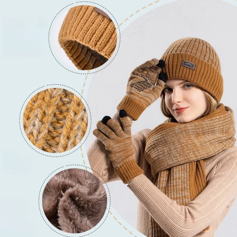 Premium Hat Glove Scarf Three Piece Set Winter Outdoor With Fleece Insulation Ear Protection Knitted Yarn Wool Hat Men Female