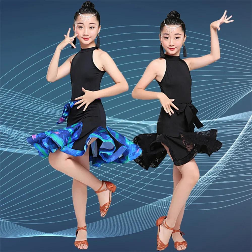 

prodessional latin dance dress for girls Black Lace Ballroom Dancing Salsa Samba Tango Line Standard Practice Costume Kids Child