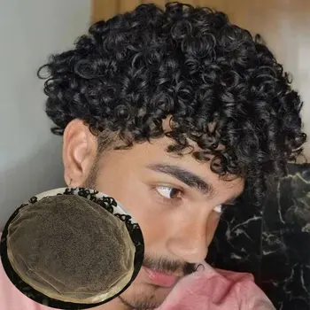 Parrucchino per uomo 100% sistema di sostituzione dei capelli umani posticci morbidi e sottili parrucchino in pizzo svizzero Super pieno 10 "x8" Base ricci crespi 1B #