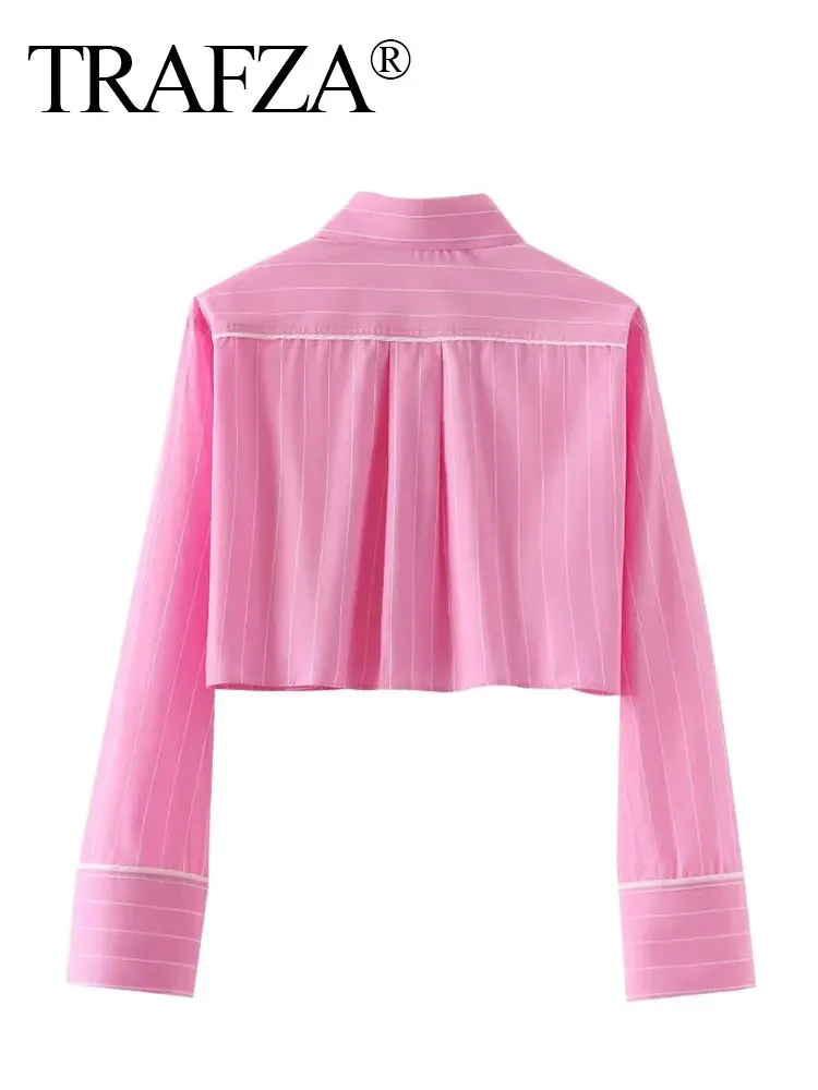 HH Women Fashion Pink Stripe Short Blouse Slim Long Sleeve Single Breasted Shirt Sweet Girl Top Y2K Summer Female Streetwear