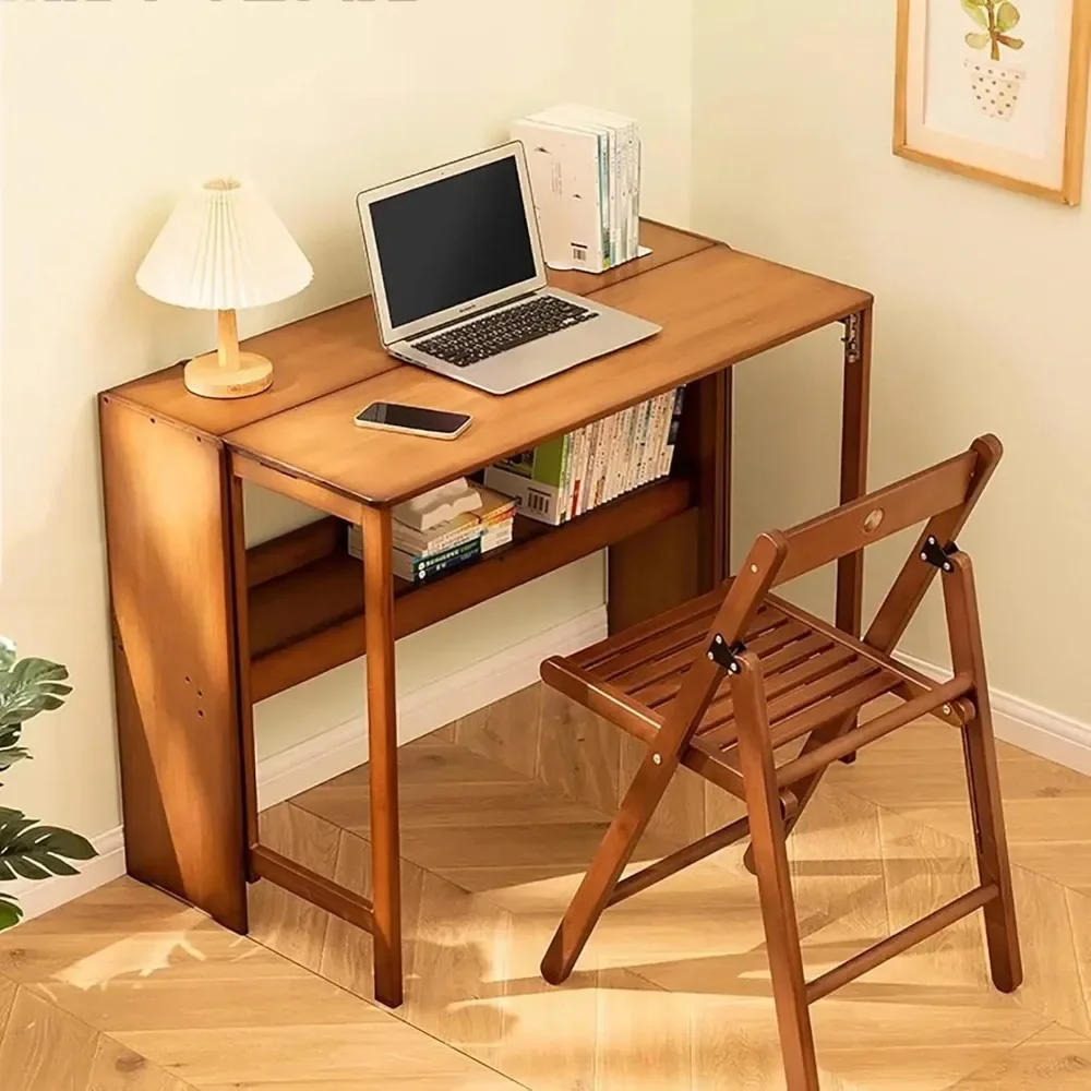 Comfort corner Collapsible Desk for Small Spaces,Bamboo Folding Writng Working Computer Desk,Expandable Design with Shelves 3