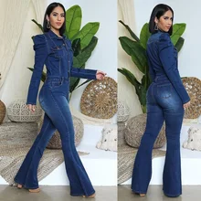 

Denim Jumpsuit Women Washed Skinny Jeans Micro Flared Pants Youth Denim Puff Sleeve Coats One Piece Outfit Women Club Outfits