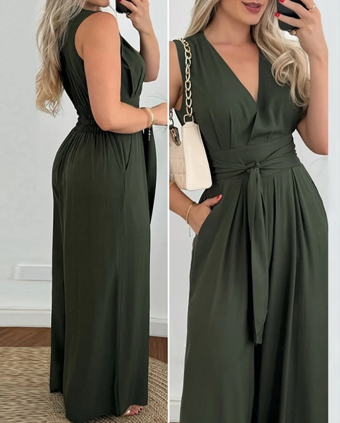 Women One Pieces Bodysuit Women Fashion Elegant Style Jumpsuit Wide Leg V-Neck Tied Detail Pocket Jumpsuits for Women New Summer