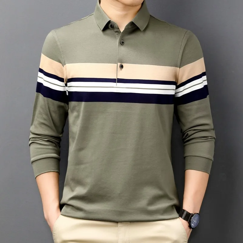 Spring and Autumn Men's Pullover Polo Collar Button Contrast Stripe Long Sleeve T-shirt Hoodies Underlay Fashion Casual Tops