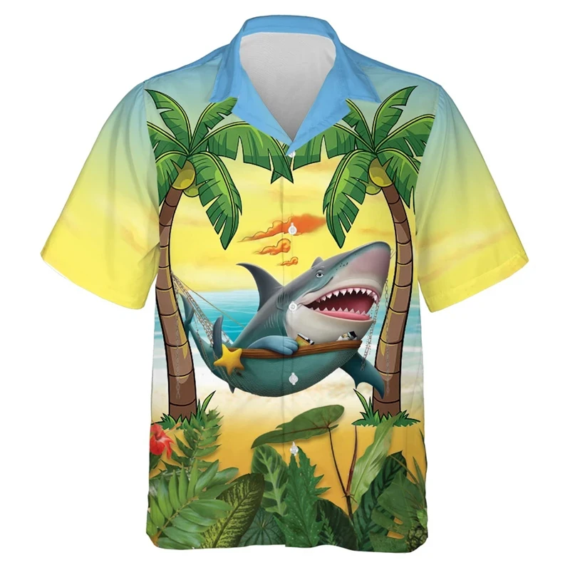 

Hip Hop Hawaiian Shark Shirts For Men Clothes Funny Animal Graphic Beach Shirt Aloha Surfing Lapel Blouse Vacation Short Sleeve