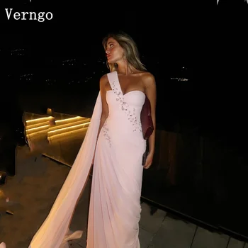 Verngo Pink Shiny Beading Formal Occasion Dresses One Shoulder A Line Prom Gowns Modest Arabic Evening Dress Customized 1
