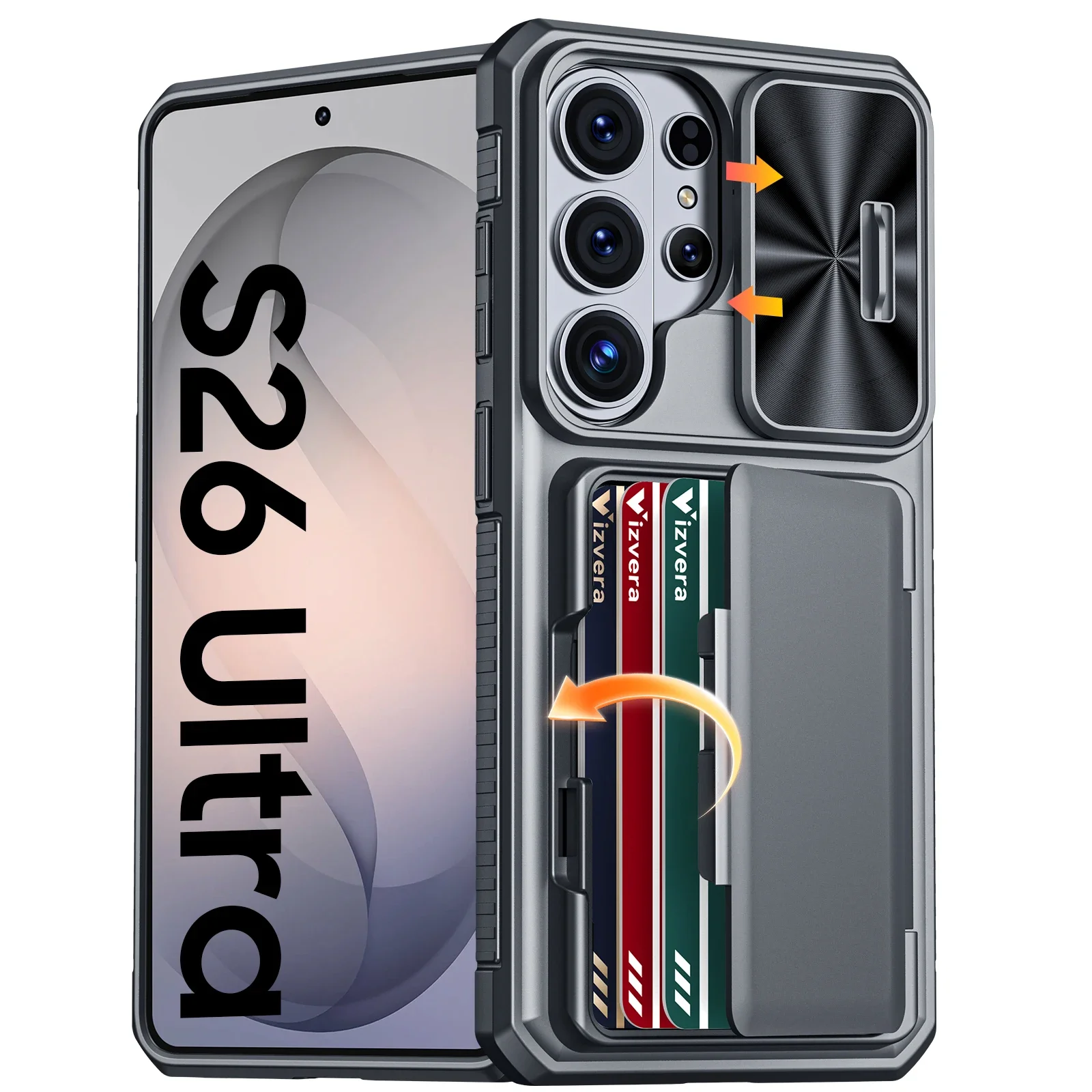 Für Galaxy S26 Ultra Hülle Brieftasche-Vollschutz mit Kartenhalter (4 Karten) Kameraabdeckung & Ständer für Damen & Herren-Grau