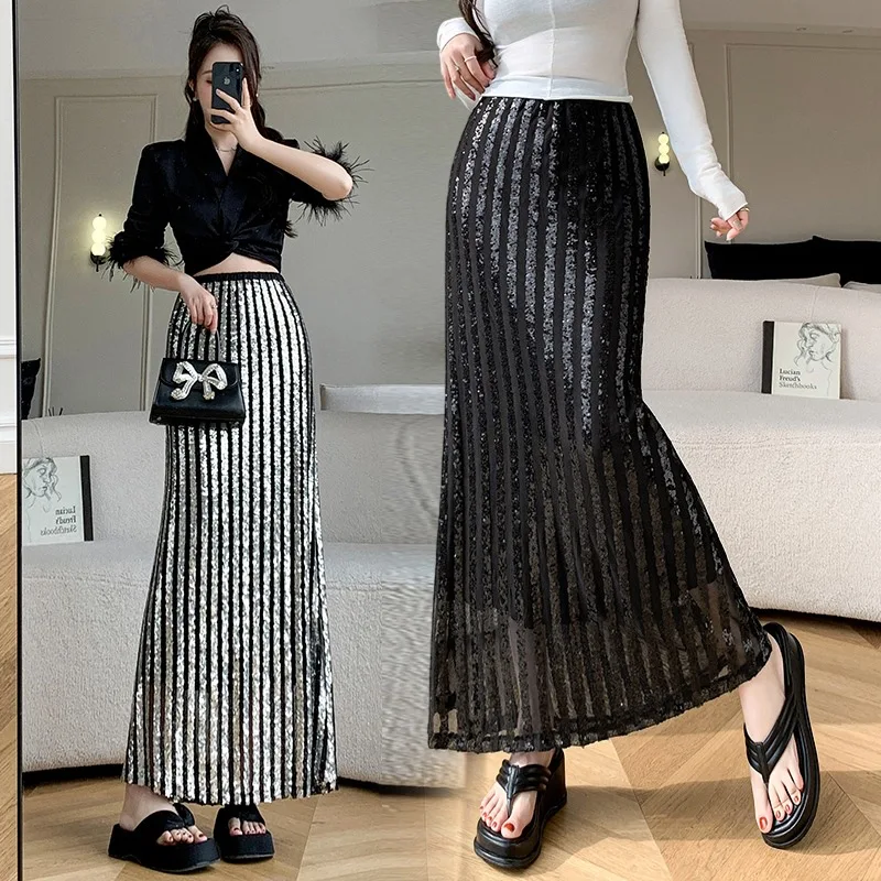 

High Waisted Sequins Beading Long Skirt Womens Summer Stretchy Straight Stylish Fashion Chic Ladies Skirts 2024