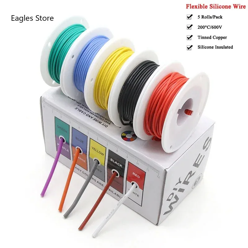 

AWG 24 DIY 5 Colors Heat Resistant Flexible Silicone Wire Stranded Electrical Tinned Copper Cable Automotive 5Rolls Mix Kit