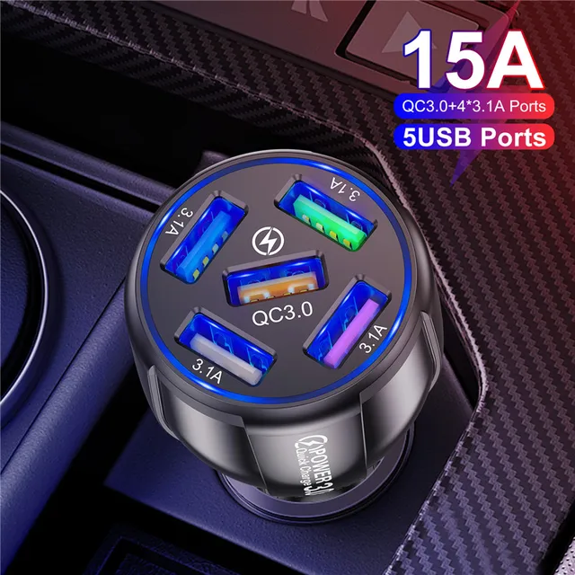 USLION 5 Port Fast Charging Car USB Charger For Xiaomi redmi note 10 pro Quick Charge 3.0 15A Charger Mobile Phone Charge in Car 1