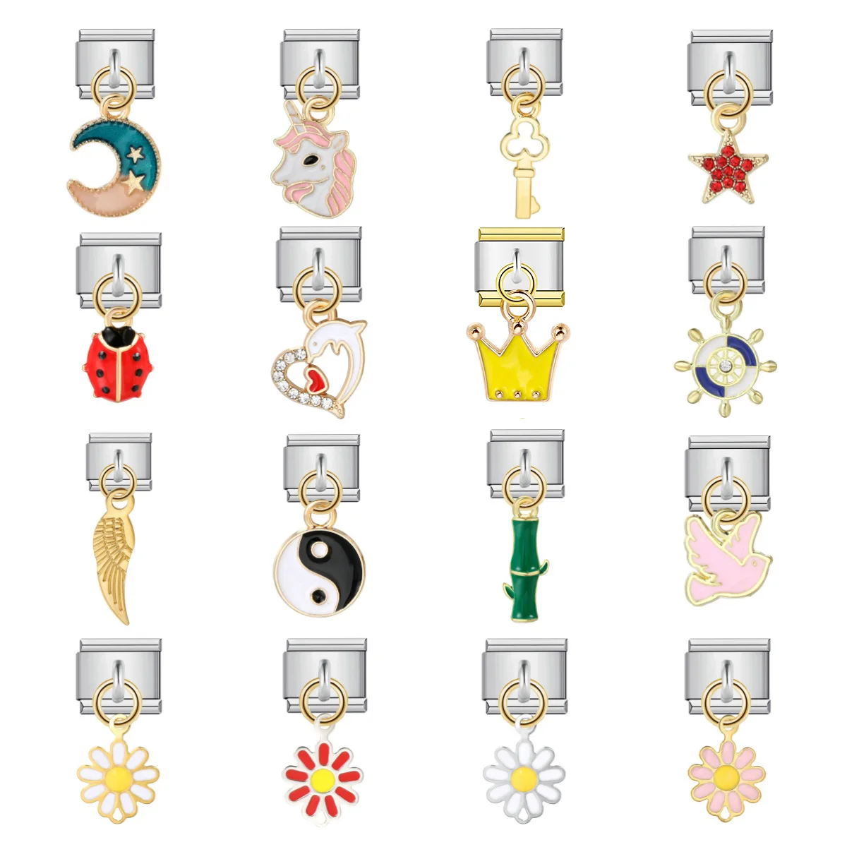 URING Y2K Niedliche bunte Blume Mond Marienkäfer Anhänger Charm Links passen 9mm Edelstahl Armband machen DIY Schmuck für Geschenk