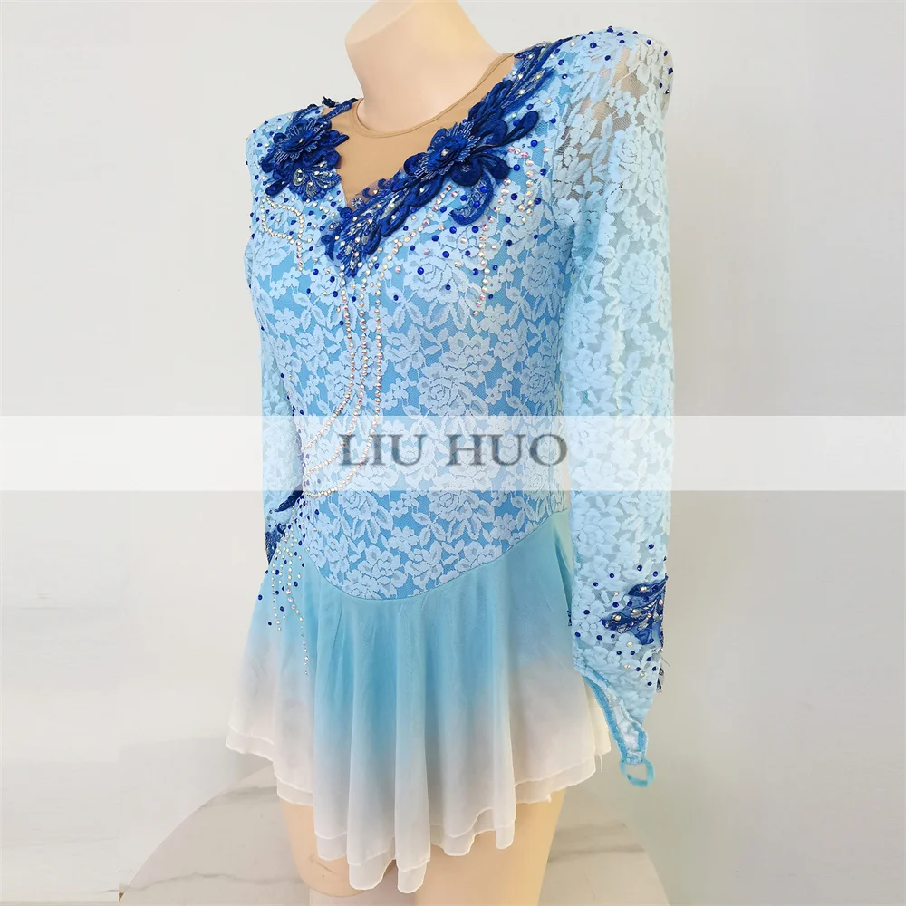 Children Costumes Ice Skating Costume Customize Kids Teens Roller Figure Skating Dress Women Girls Ice Performance Blue Competition Leotard