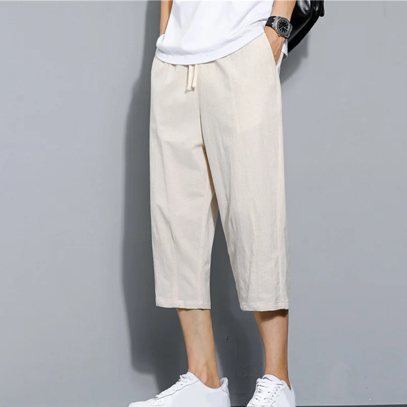 

Men Wide Linen Men seven-cent trousers Loose Type Cotton Solid color Loosen up the waist Fashion Hot selling Casual