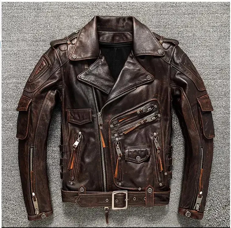 

shipping.Men Free Professional heavy motorcycle cowhide jacket.Plus size Tough Guy Natural Leather coat.thick jacket.protectors