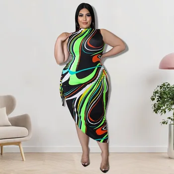 European and American fashion large-size sexy women's clothing, irregular printing strap hip dress