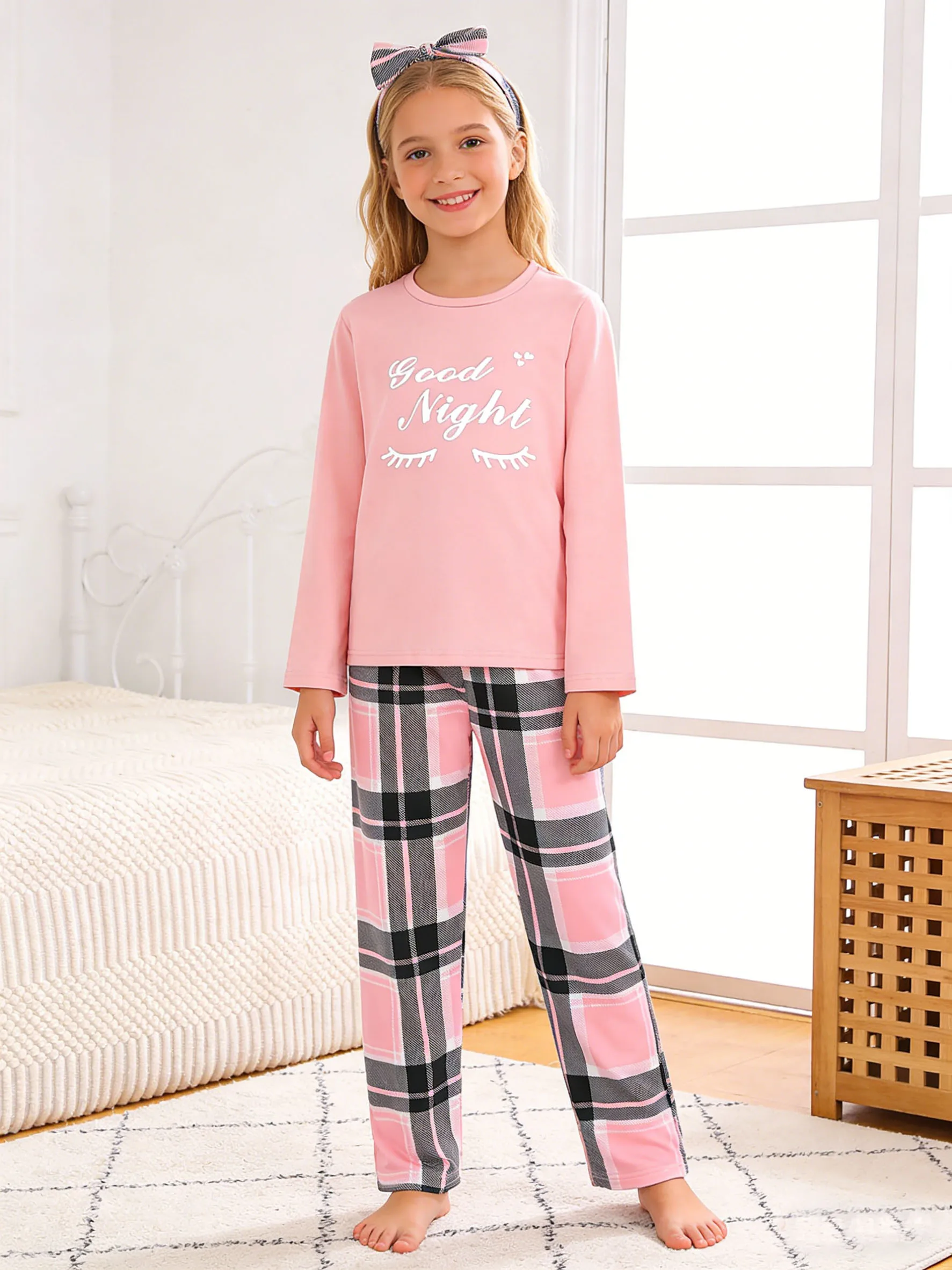 여아 봄가을 패셔너블 홈웨어 세트, 여아 야외 캐주얼 귀여운 패턴 긴팔 체크 바..