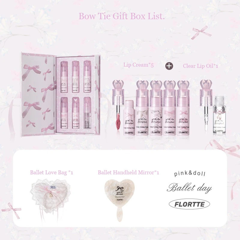 FLORTTE Little Bow Collection Lipstick Lip Cream ALL IN Gift Set Professional Makeup Kit Box Moisturizing Hydrating Lip Glow