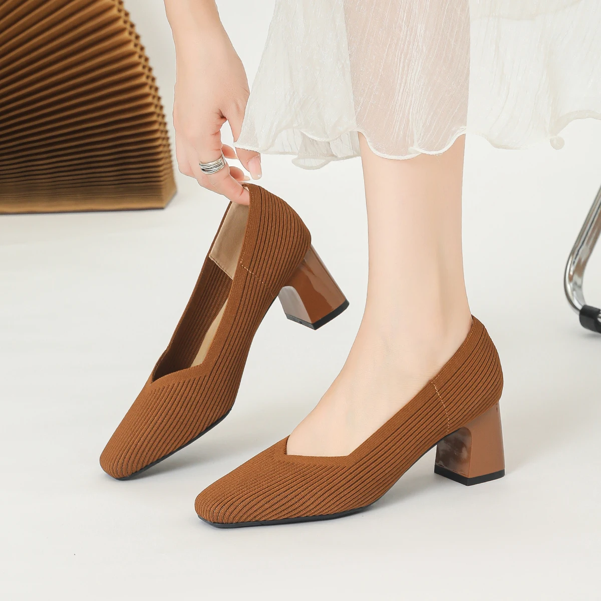 Women's High Heels Comfortable Square Knitted Breathable Comfortable Shoes (5cm High) Autumn 2025 New Collection 5