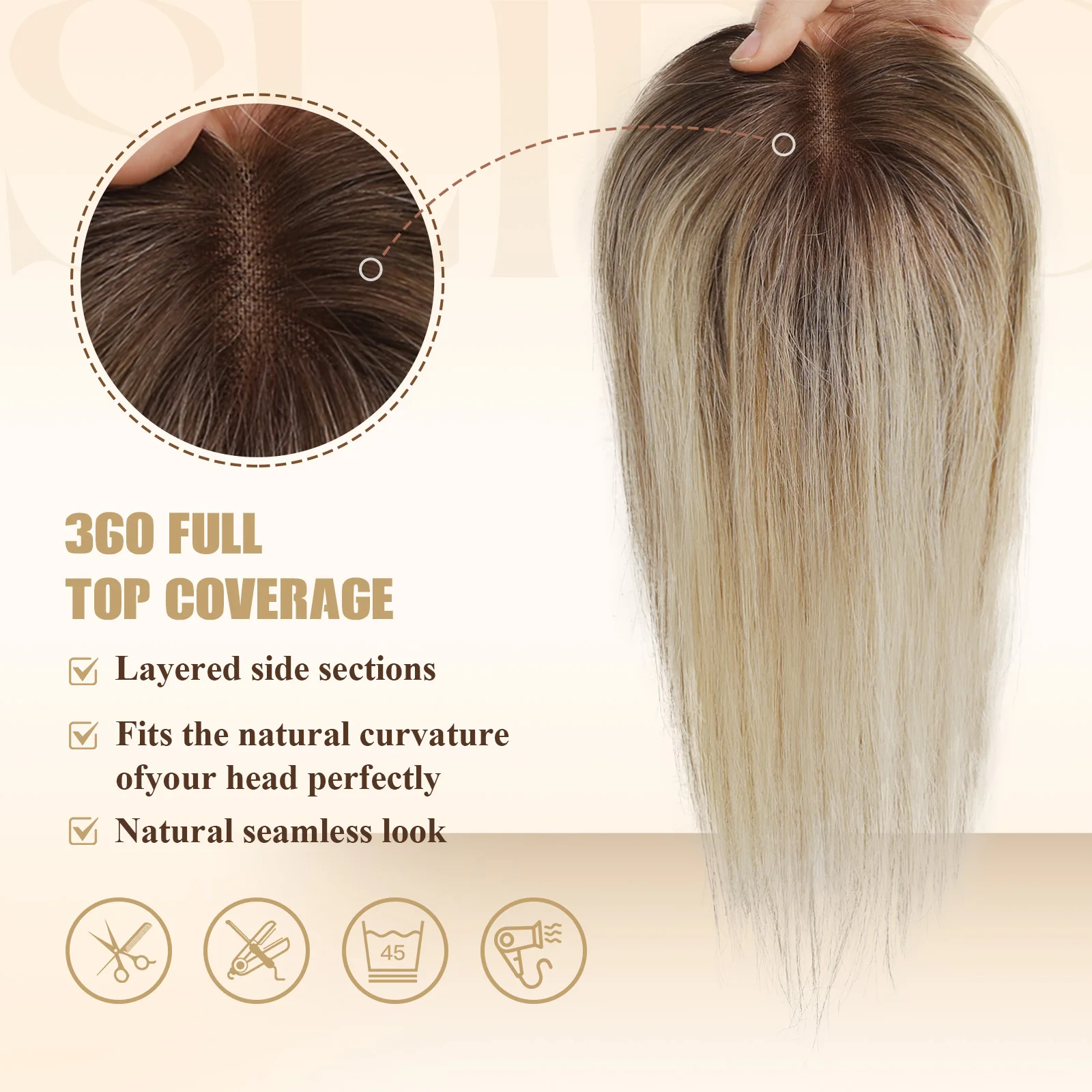 Human Hair Toppers, Human Hair Lace Closure, Human Hair Weave Bundles Blonde Mixed Brown Human Hair Topper Middle Part Straight Hairpieces Remy Human Hair Silk Top Base Extension Women