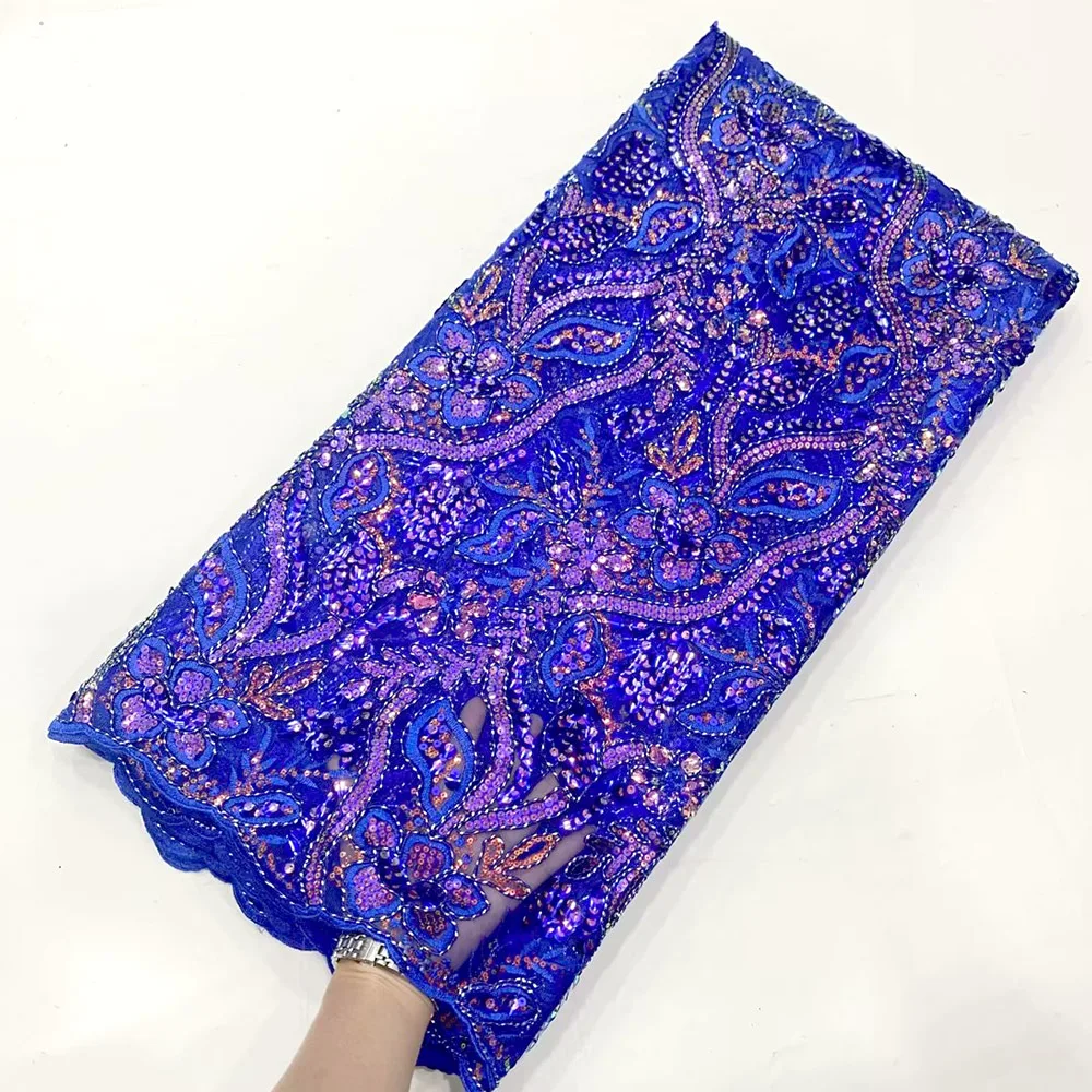 

Fashion Net Lace Heavily Beaded Fabric 2023 New Arrival Royal Blue African Lace Fabric Luxury Sequins Embroidery Lace Fabric