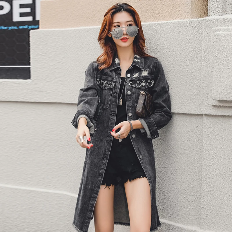 

YASUGUOJI Women's Casual Long Denim Trench Coat Vintage Loose Single-breasted Black Harajuku Jeans Jacket Windbreaker for Women