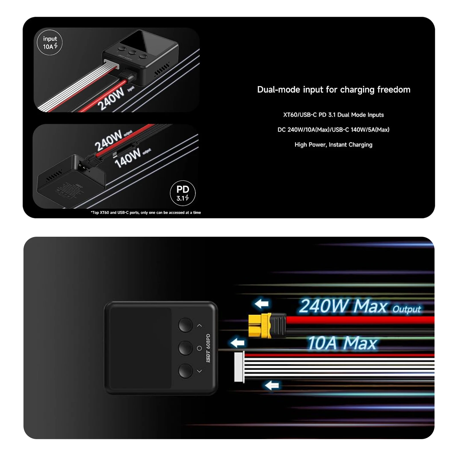 ISDT 608PD Lipo зарядное устройство, разрядное устройство постоянного тока 240 Вт Type-C PD 140 Вт 10A, двухрежимное балансное зарядное устройство для 1-6S LiPo LiHV NiMH RC thumbnail 2