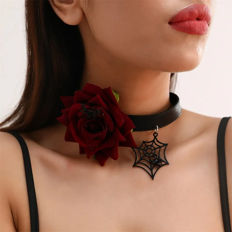 Gothic Punk Style Red Rose Necklace For Women Fashionable PU Leather Adjustable Club Party Collar Women Fashion Jewelry 2023 New
