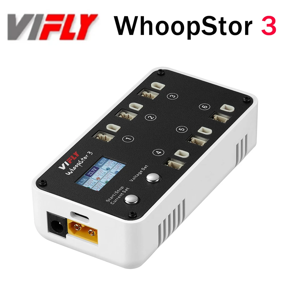 Vue avant du WhoopStor V3 Chargeur Batterie RC 12V 3A montrant les ports et l'écran LCD