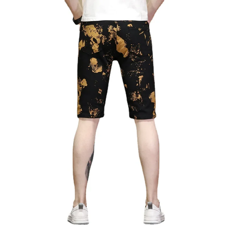 Summer Embroidered Men Black Denim Shorts Slim Fit Stretch Straight Mid Waist Pants Printed Camouflage Style Pure Cotton 3D 2024