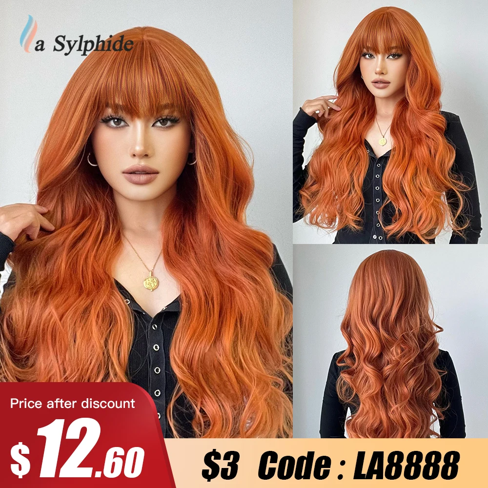 

La Sylphide Orange Wig Long Wave Woman Wigs with Bangs Good Quality Synthetic Wigs Daily Party Natural High Temperature Hair