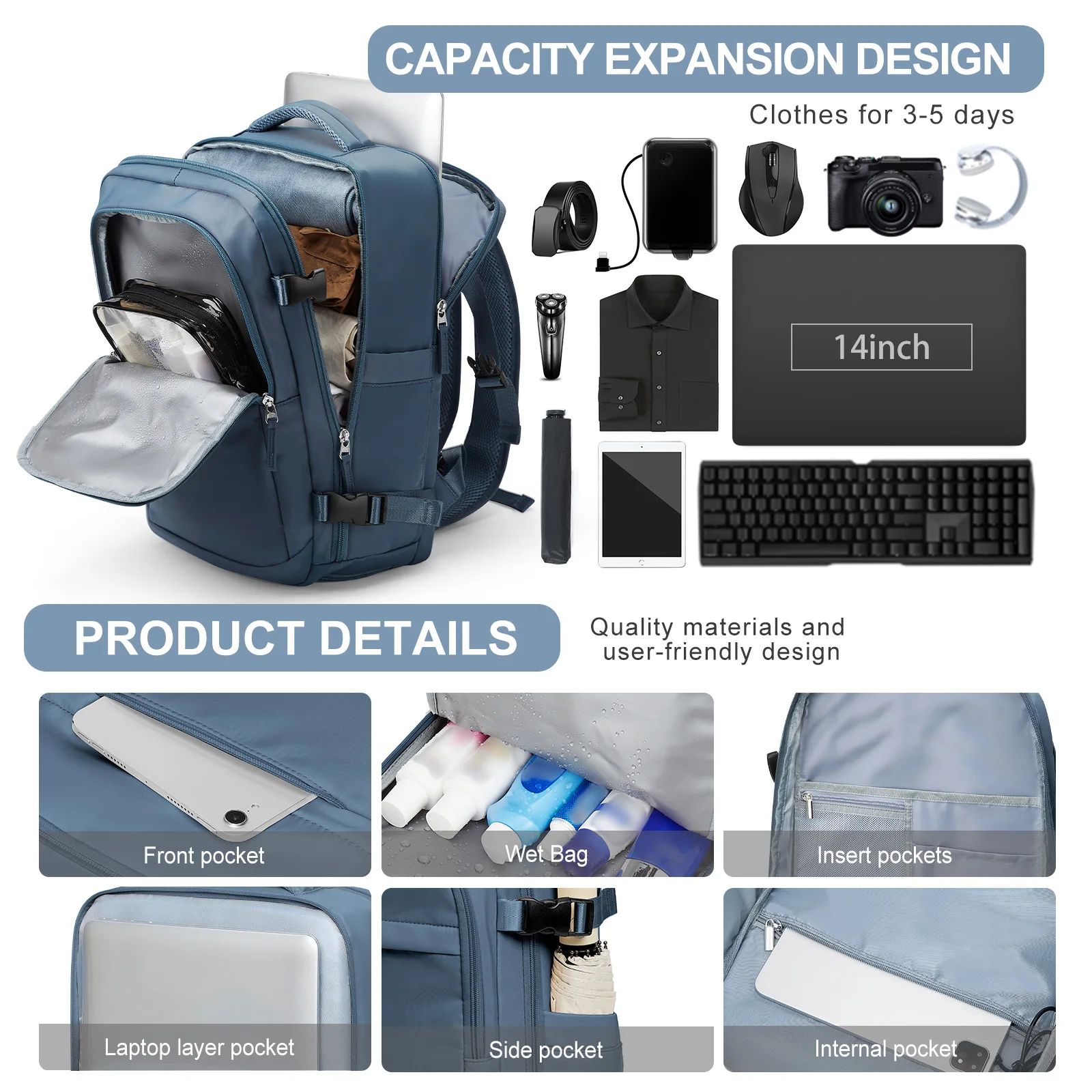 Versatile Travel Backpack 15.6in Laptops with Trolley Sleeve, Wet/Dry Compartment for Business Trips Casual Short Flights Hiking