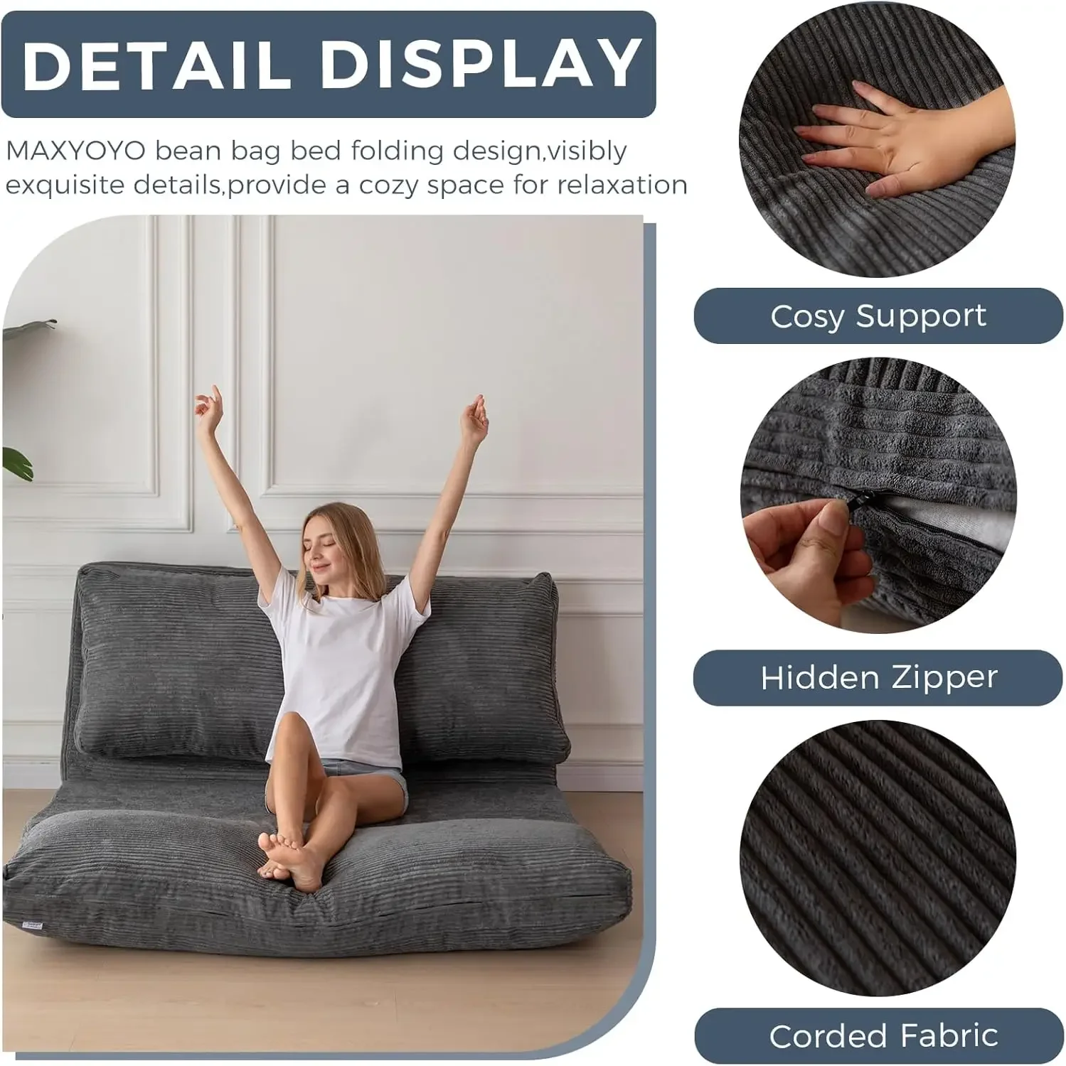 Bean Bag Bed Folding Sofa Bed Floor Mattress for Adults, Extra Thick and Long Floor Sofa with Corded Washable Cover, Dark Grey 5