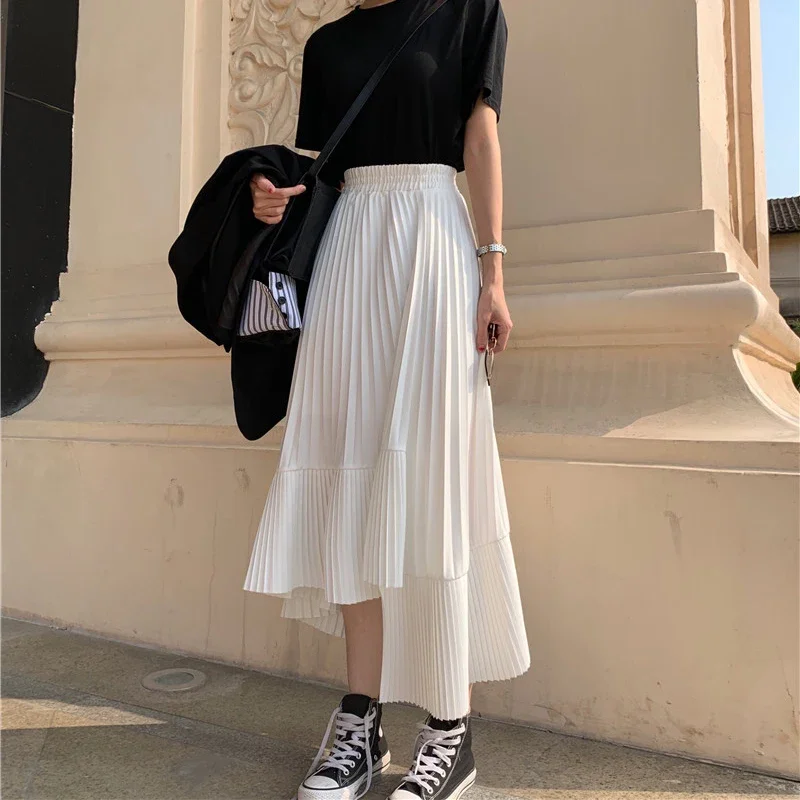 Women Elastic Oversized Ruffles Korean Vintage Harajuku Long Skirts Female Solid Chiffon Pleated Autumn High Waist Midi Skirt