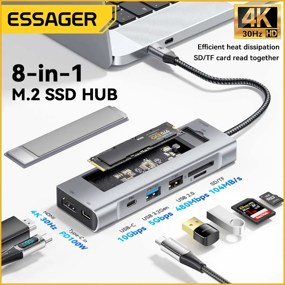 6 in 1 M.2 SSD HUB USB C Dock Station with Disk Storage Function USB 3.0  Type C to HDMI-Compatible Laptop For Macbook Laptop Pc