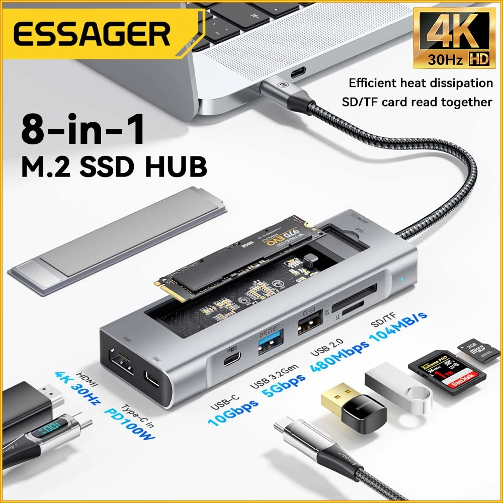 Essager 8 in 1 usb hub mit festplatten speicher funktion usb typ c zu