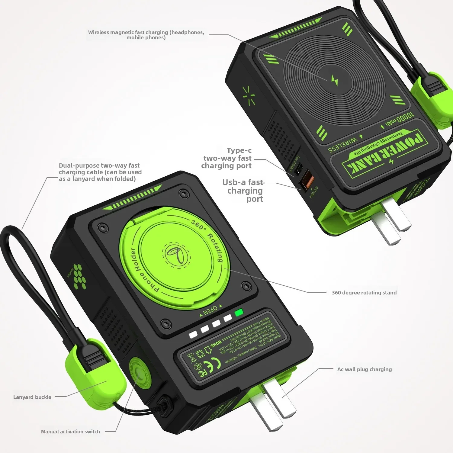 10000mAh 자석 무선 파워뱅크 내장형 AC 플러그, 벽걸이형 휴대용 고속 충전 스테이션