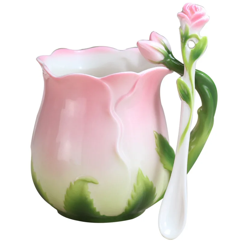 

Ceramic Coffee Mug European Style Enamel Creative 3D Rose Flower Shape Teacups Pastoral 4 Colors Breakfast Milk Cups with Spoon
