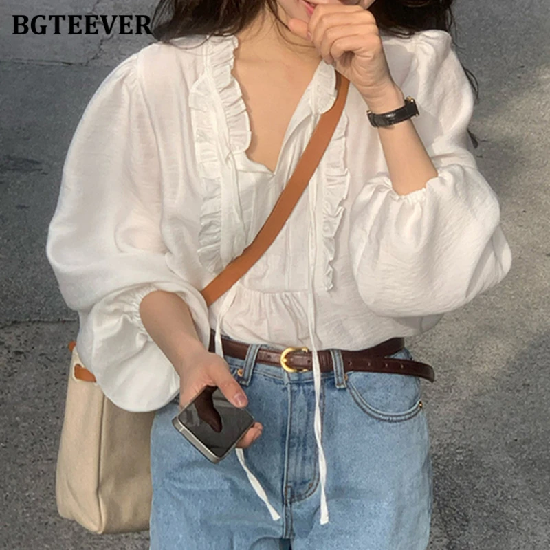 

BGTEEVER Spring Summer Fashion Ruffles Long Sleeve White Shirts for Women Casual V-neck Lace-up Female Blouses Ladies Tops