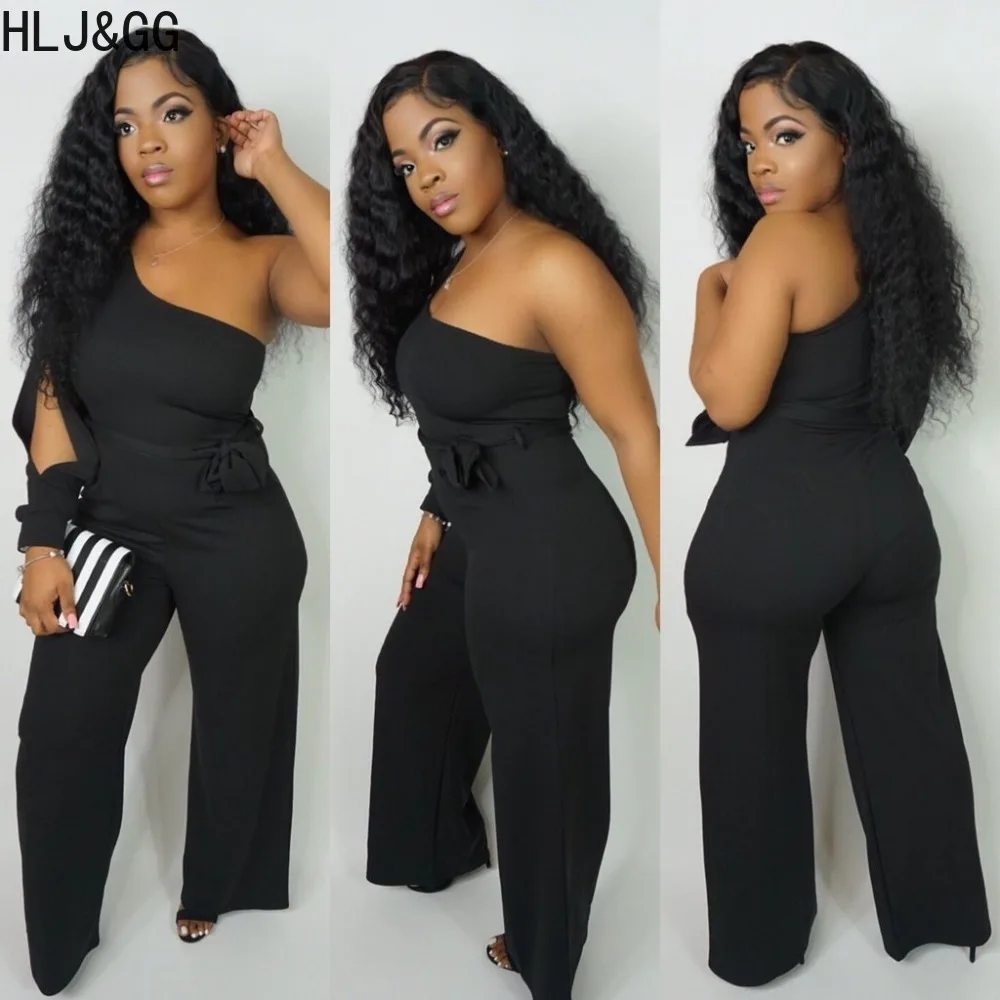 HLJ&GG Casual One Shoudler Bandage Jumpsuits Women Sleeveless Wide Leg Pants Overall Autumn Female One Piece Sporty Playsuits