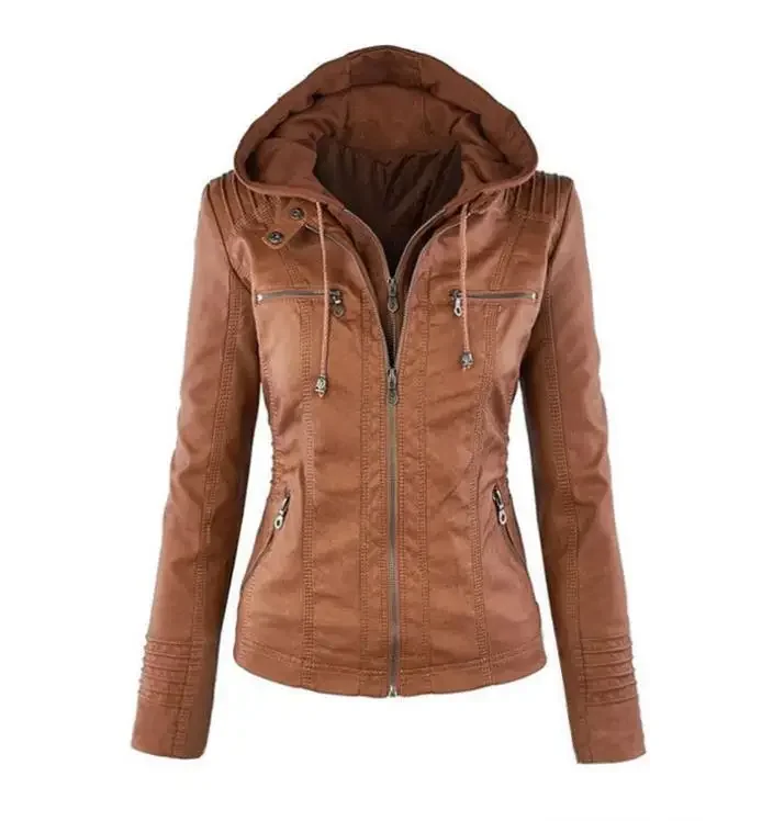 Long Sleeve Solid Color Zipper Hooded Leather Jacket Women's Detachable Crew Neck women leather jacket