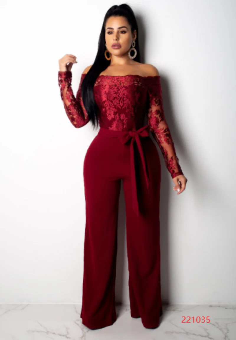 Women Sexy Off Shoulder Slash Neck Long Sleeve Women Jumpsuit Elegant Wide Leg Jumpsuit 3XL Appliques Lace Patchwork Jumpsuit