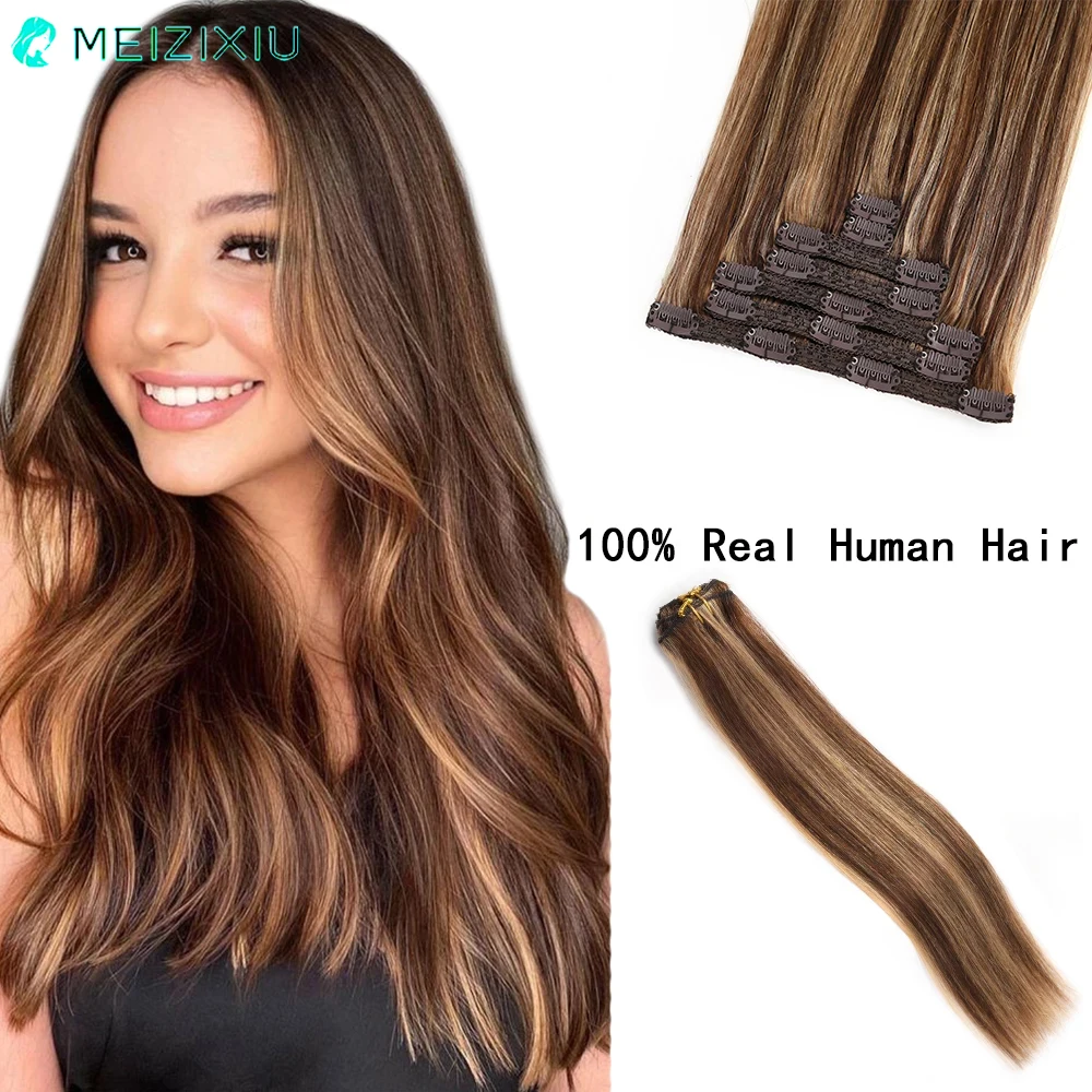 

Highlight Blonde Clip In Hair Extensions Remy Real Hair Straight Double Weft 7PCS Clip-On HairPiece Clip In Human Hair for Women