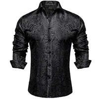 Chemises habillées en soie Paisley noire à manches longues pour hommes, chemise sociale de smoking décontractée, vêtements de luxe de styliste pour hommes 1