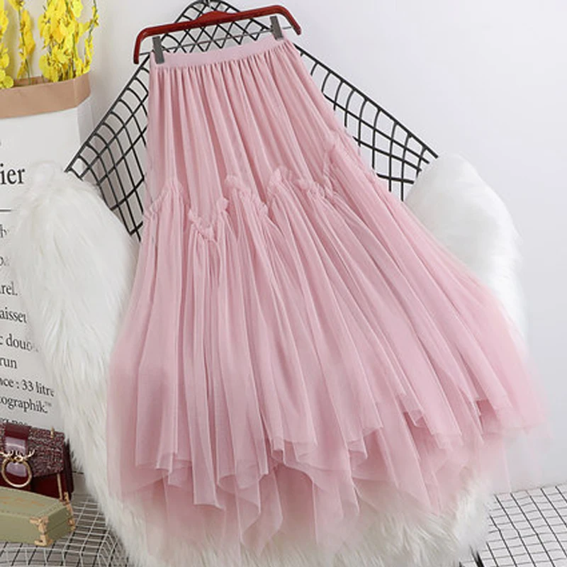 Irregular mid-length large size gauze skirt women's increase fat MM high waist A-line double-layer mesh skirt silk skirt