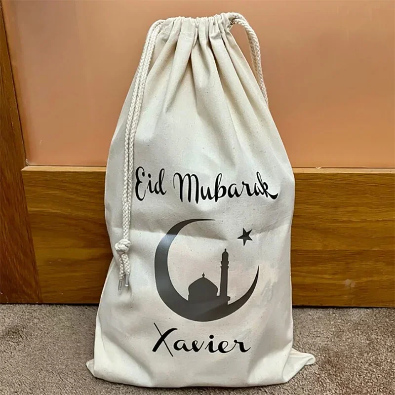 

Personalised mosque Eid Mubarak sack al-Fitr Muslim Islamic Ramadan Kareem friend family children kid boy girl present gift bag